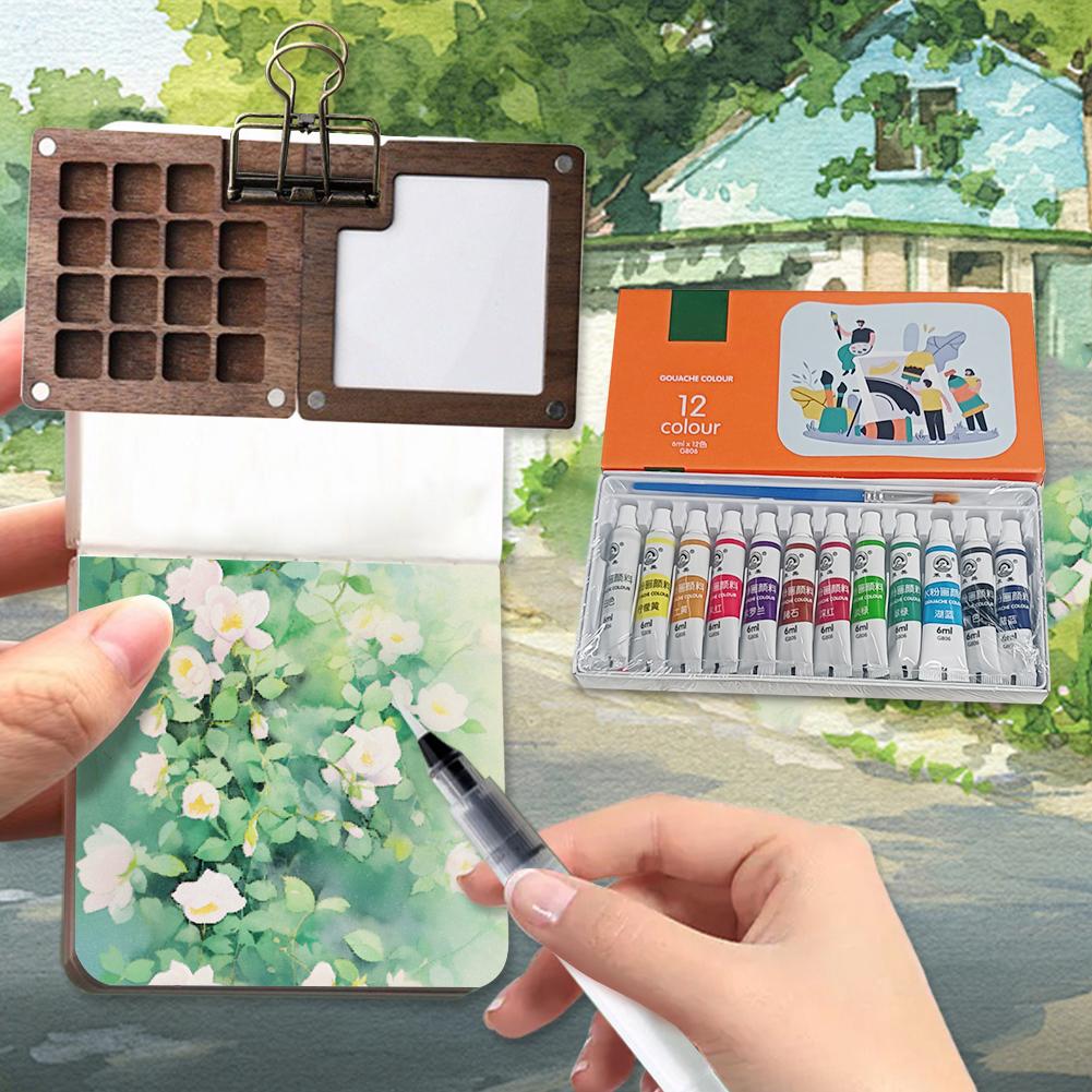 Portable Travel Watercolor Set Schmincke Watercolor 8 Colors Mini Walnut Paint Box Sketchbook Student Outing Art Supplies