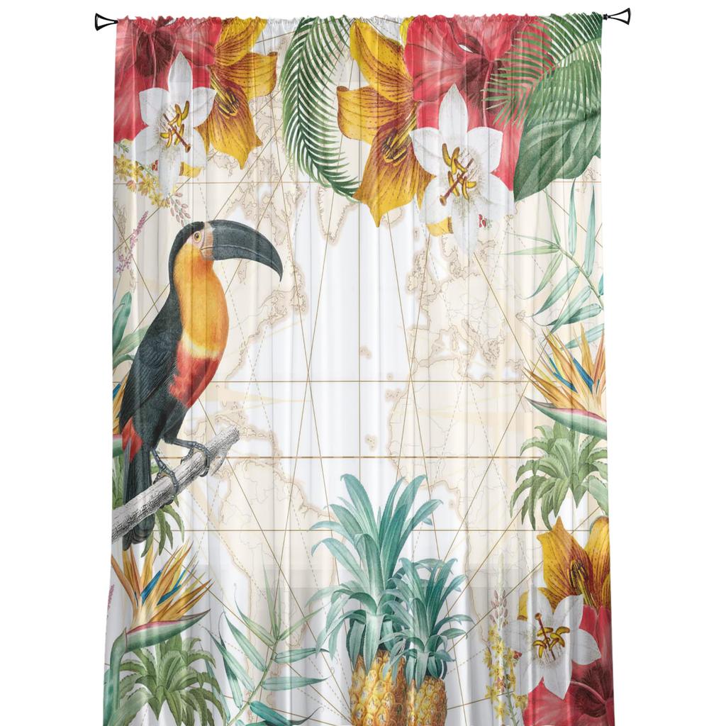 Toucan Flower Fruit Tropical Pineapple Map Tulle Curtain For Living Room Bedroom Modern Sheer Curtains Decor Window Treatment