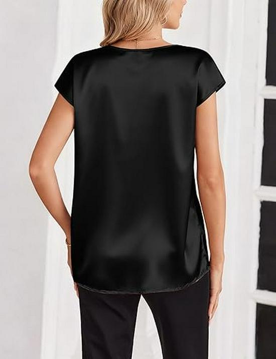 Women's Solid Color Satin V-Neck T-Shirt - Spring/Summer Casual Business Top