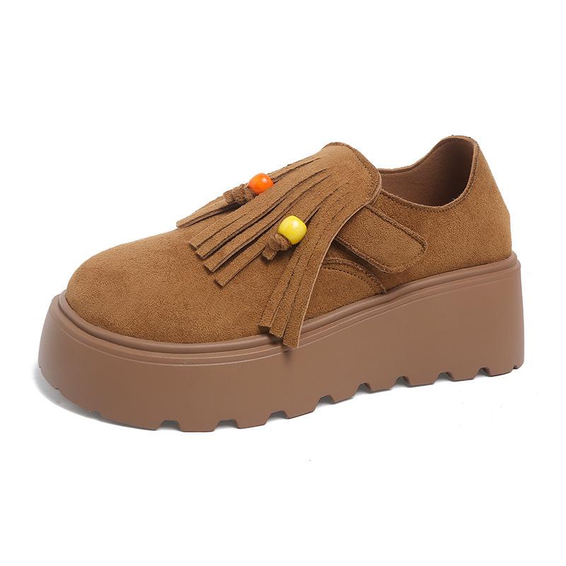 Retro niche suede heightening Boken shoes women's 2025 new fringed beaded fashionable versatile loafers