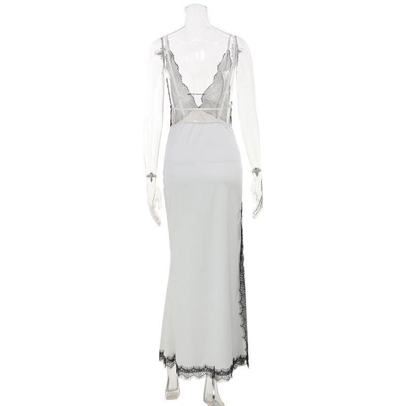 Sexy women's lace splicing V-neck suspender, pure desire, big halter, high split hip wrap dress, long style.