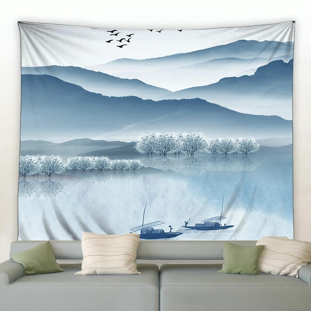 Китайский стиль Живопись тушью Горный пейзаж Гобелен Спальня Гостиная Гобелен Украшение — фото 7