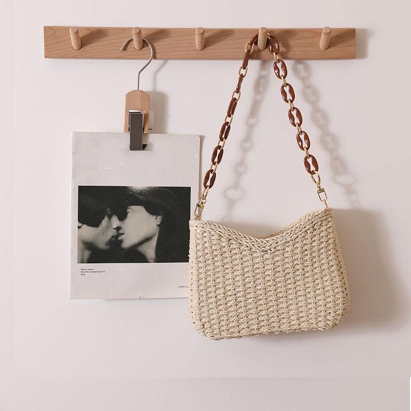 

Yogodlns летняя пляжная сумка на плечо с соломенной цепочкой для женщин, сумка-хобо из ротанга, повседневная тканая сумка-корзина, сумка для подмышек, женский кошелек-клатч 24x8x15cm бежевый