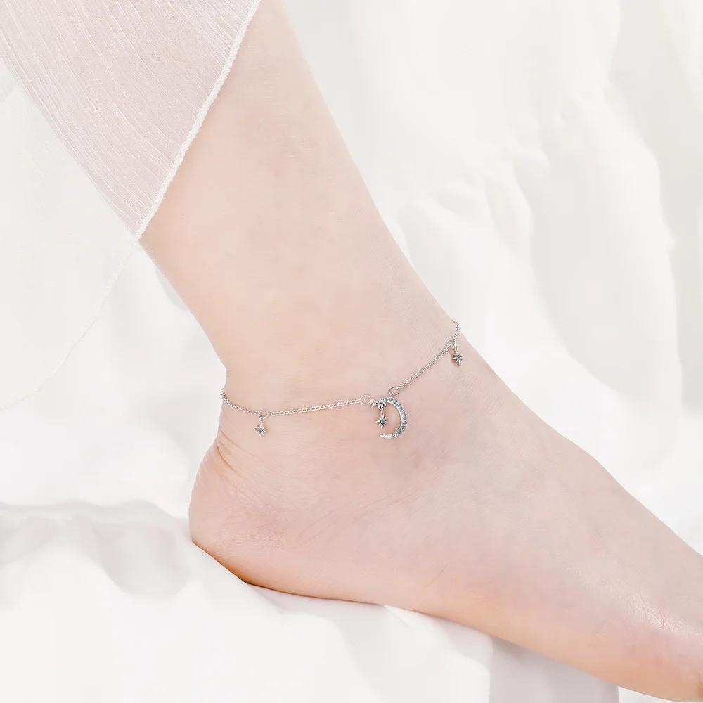 Ins Simple Design  Sterling Silver Star Moon Anklets Bracelet for Women  Star Tassel CZ Zircon Chian Fashion