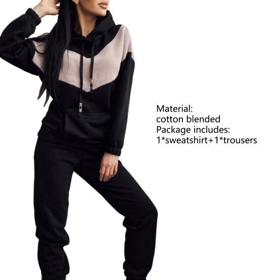 1 Set Hoodie Pants Set Hooded Drawstring Women Contrast Color Sweatshirt Pockets Pants for Sports