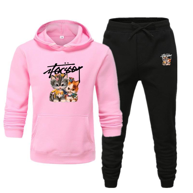 Men's and Women's New Autumn and Winter Plus-size CARTOON CAT Printed Hooded Sportswear Casual Sportswear Set