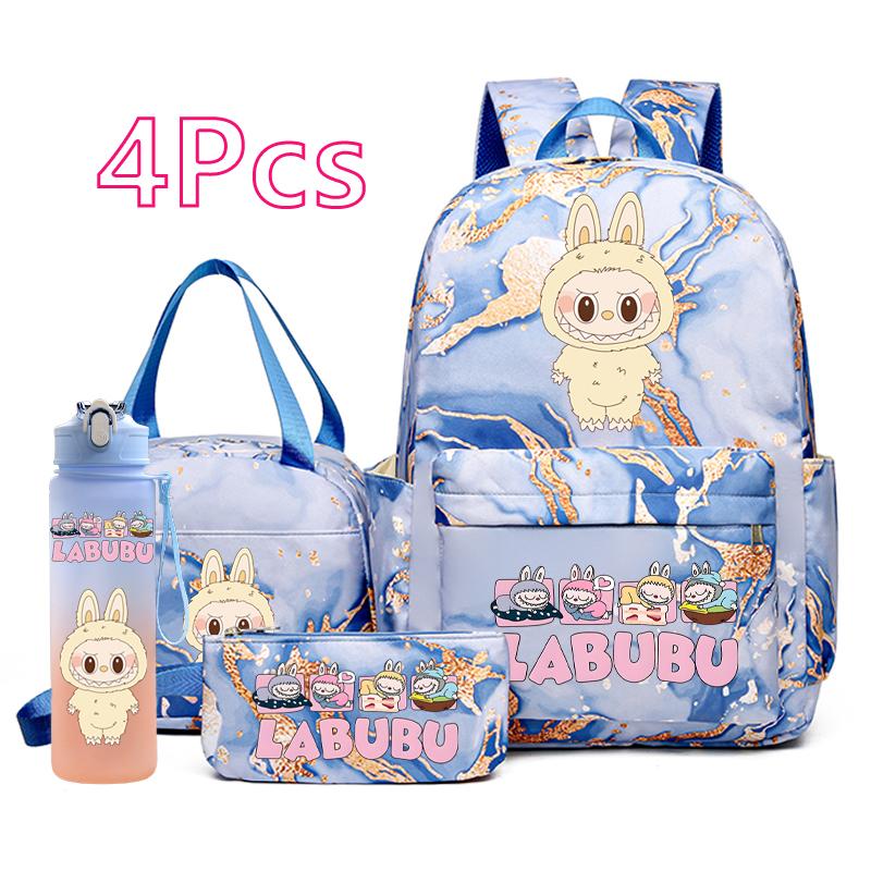 4Pcs/set Cute Anime Pirnted Backpack 750Ml Water Bottle Lunch Bag Pencil Bag Outdoor Student Girl Large Capacity Schoolbag Water Cup