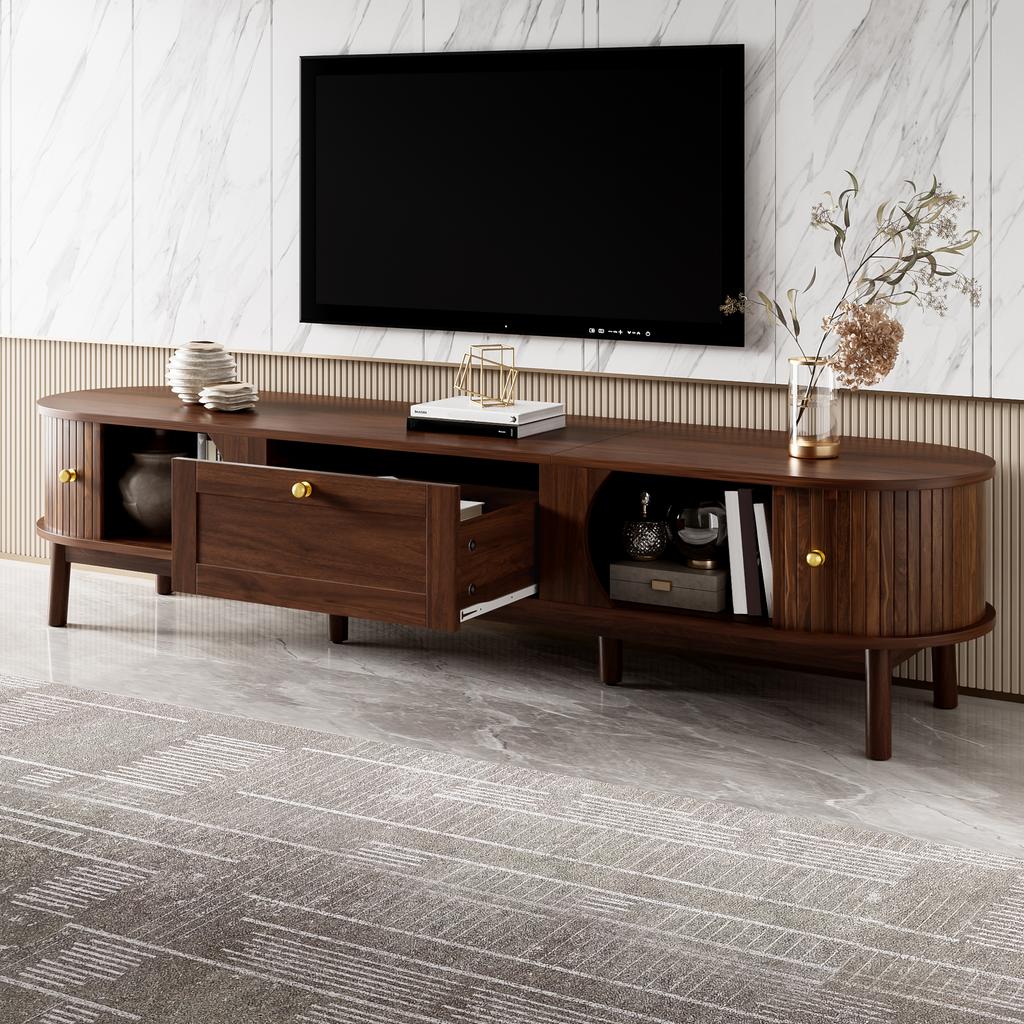 Modern TV Stand made of Solid Wood with Drawers, Classic Rounded Corners, Sturdy Wooden Legs, TV Stand with Storage Space for the Living Room.