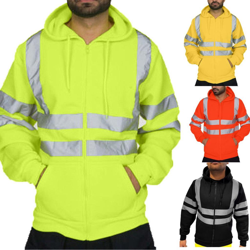 Fleece-lined Outdoor Sanitation Workwear Men's High Visibility Reflective Strip Zipper Hooded Sweatshirts