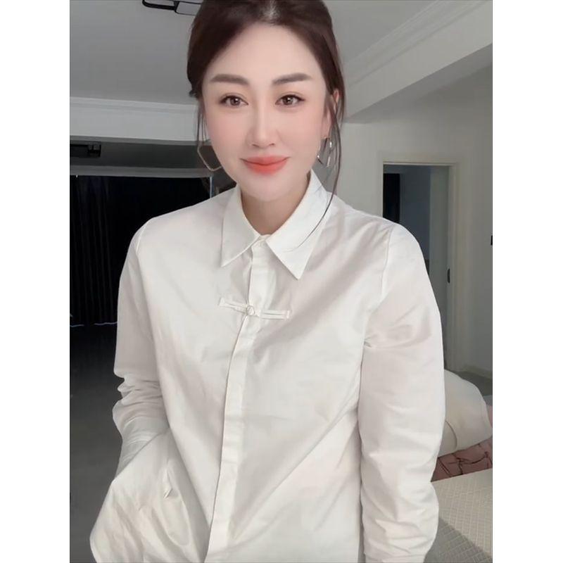 

European Goods National Style Buckle Mid-Length Long sleeve White Shirts Women Spring and Autumn New Fashion Western Style Slimming Versatile Top White L