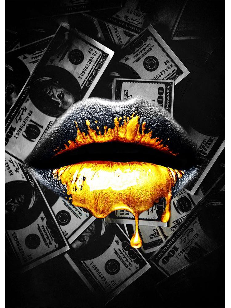 Gold Lips Canvas Painting Graffiti Style Poster Dollar Art Prints Bedroom Wall Decoration Murals For Modern Home Decor Aesthetic