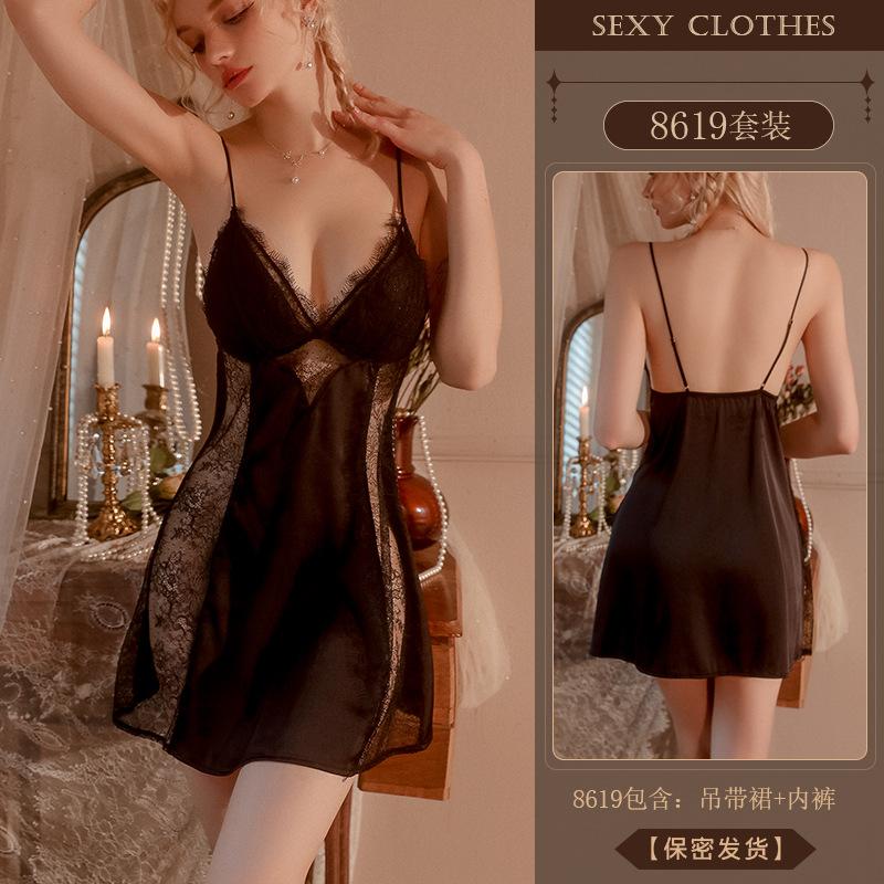 Erotic Underwear, sexy halter straps, deep V lace, seductive nightgown, Hot side see-through pajamas, women's uniform 8619