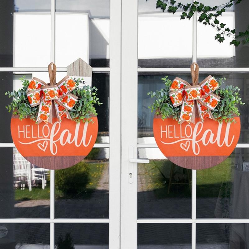 Vibranting Hand Carveds Pumpkins with Bowknot Designs Sturdy Wood Decoration for Seasonal Window and Door Display