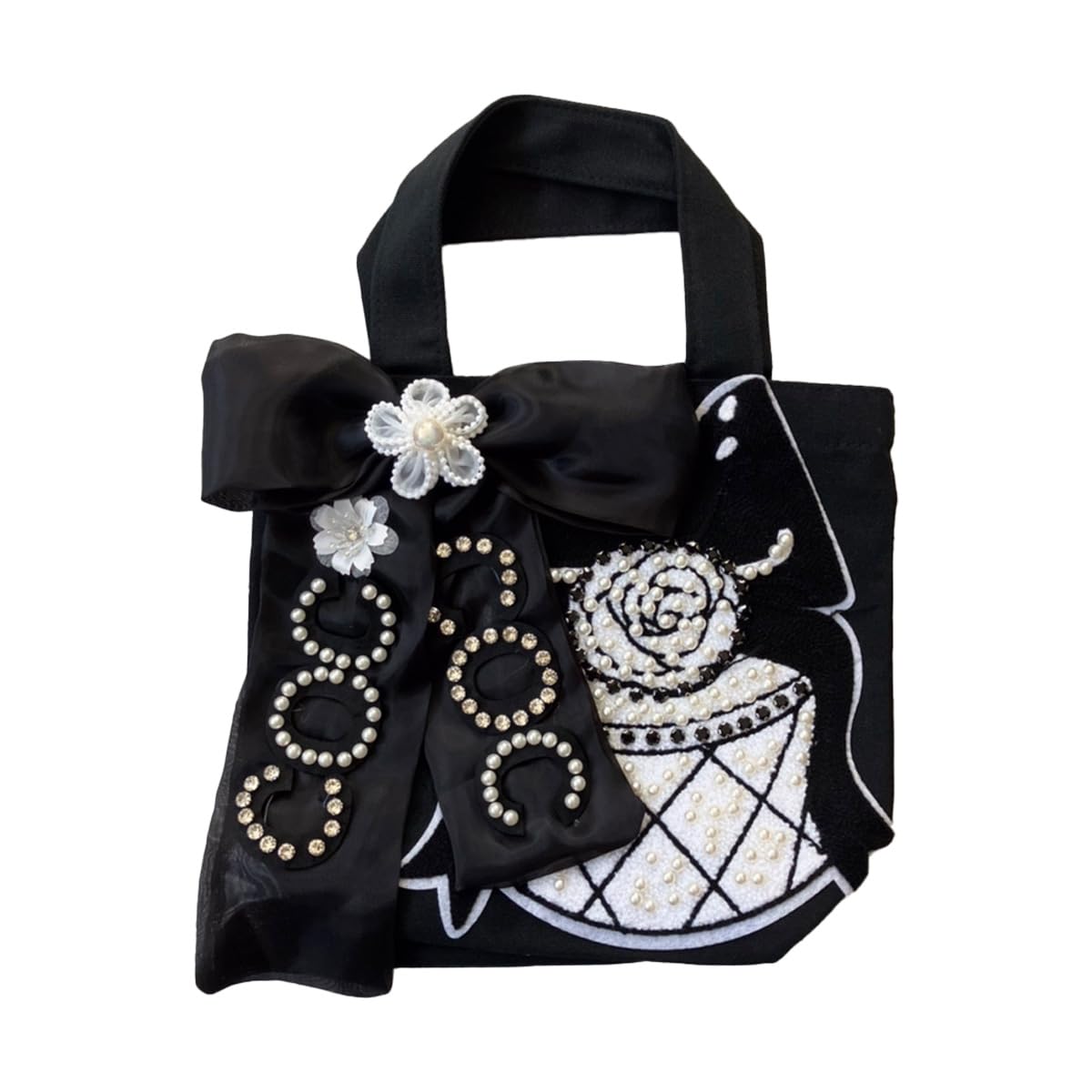 

Tote Bag Mini Denim Bag Patch Handbag Small Lightweight Lunch Bag Patch Denim Bag Ribbon [DIVA Rose] Women s (Perfume & Ribbon Black)