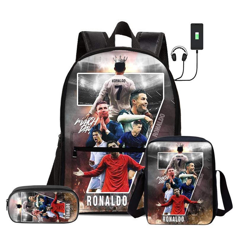 Children 3Pcs Set Daily Pack Football Star Rucksack Best Gift Pupil School Carry Carrier Pencil Bags M-Messis School Bag