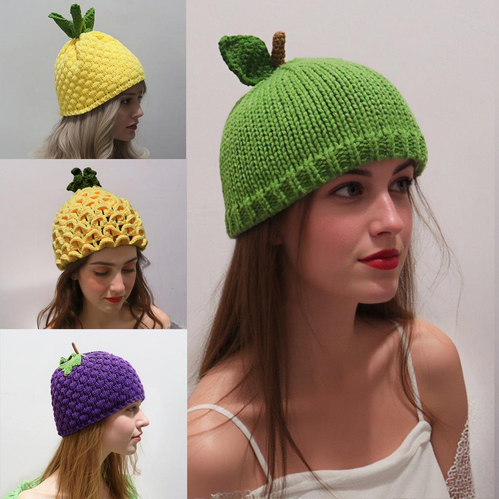 Cappello senza tesa a forma di frutto in maglia dolce Cappello invernale caldo per donna ragazza Copricapo fatto a mano all'uncinetto Accessorio per festa di Halloween