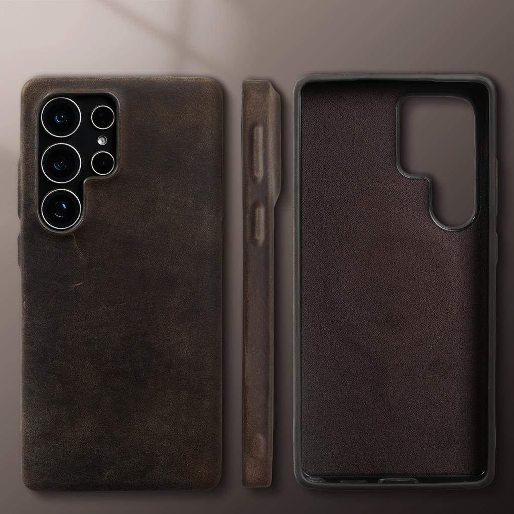 Crazy Horse Pattern Genuine Leather Case For Samsung Galaxy S2 Ultra S24 FE S23 Plus S22 S21 S20 Note 20 Ultra Back Cover Case