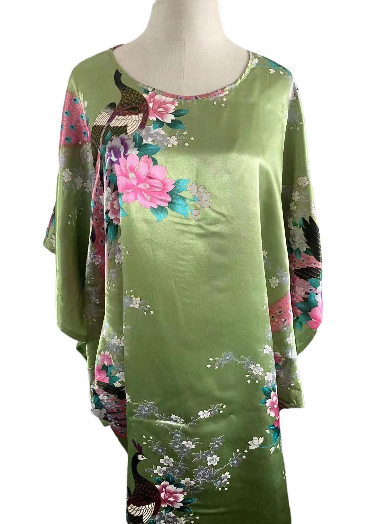 Pfauen-Seiden-Qipao Roben-Set: Tang-Anzug, Pyjama, Bademantel, Hauskleidung One Size grün