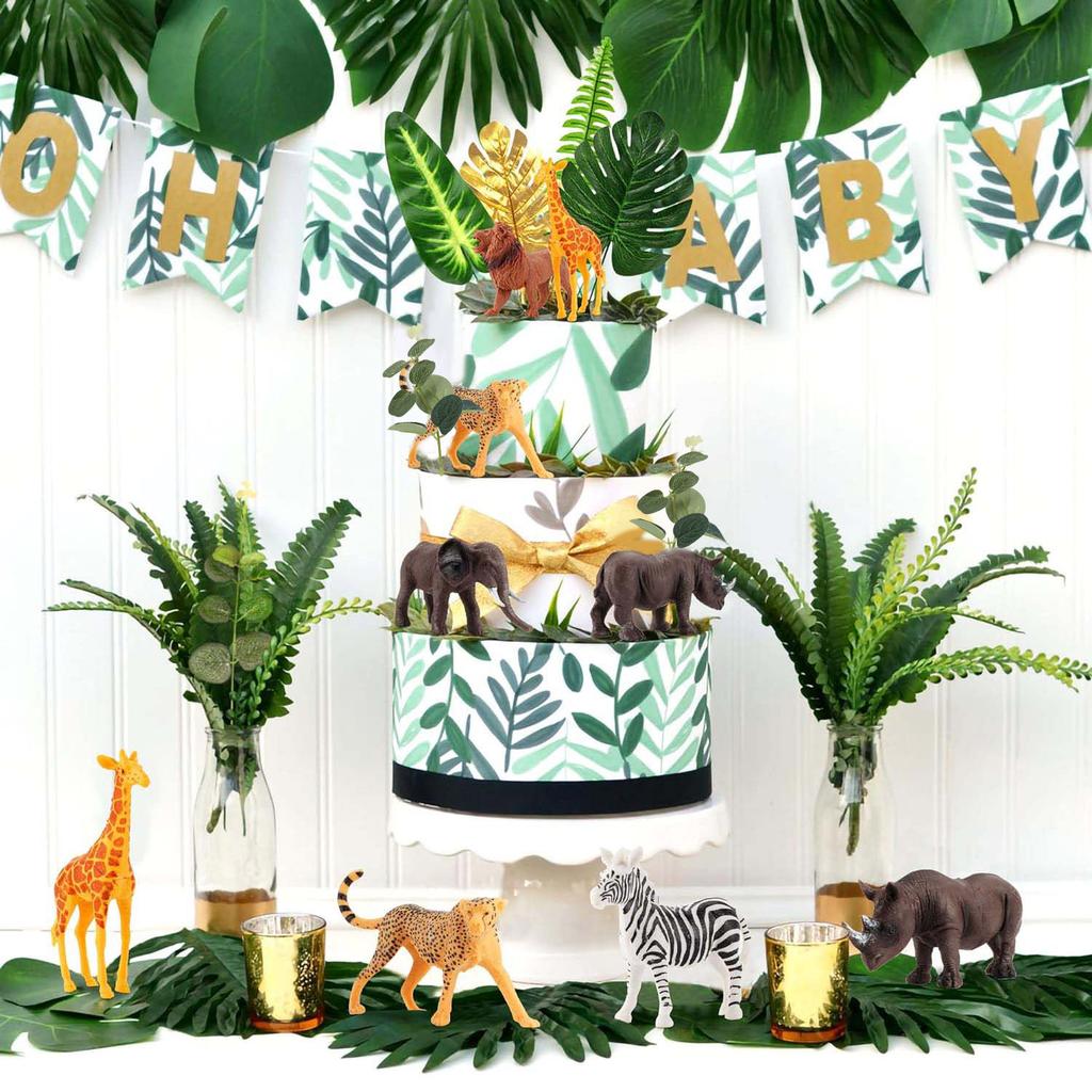 13 PCS Safari Animals Jungle Animals Cake Decoration Wild One  Palm Leaves Cake Decoration Safari Jungle Animals Party Supplies
