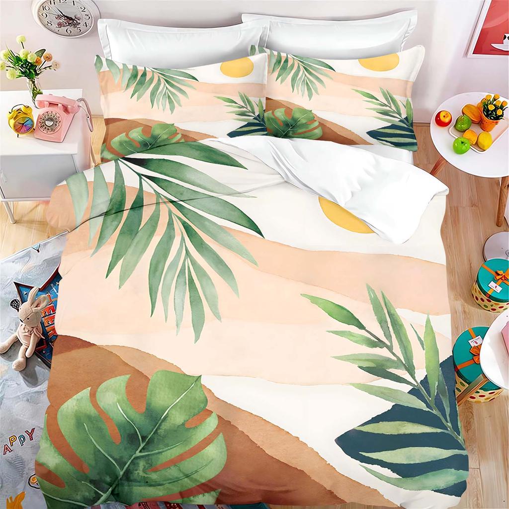 Green Plants Flamingos Anime Bedding Set Duvet Coverpolyester Suitable For Children And Adults 3-Piece Set