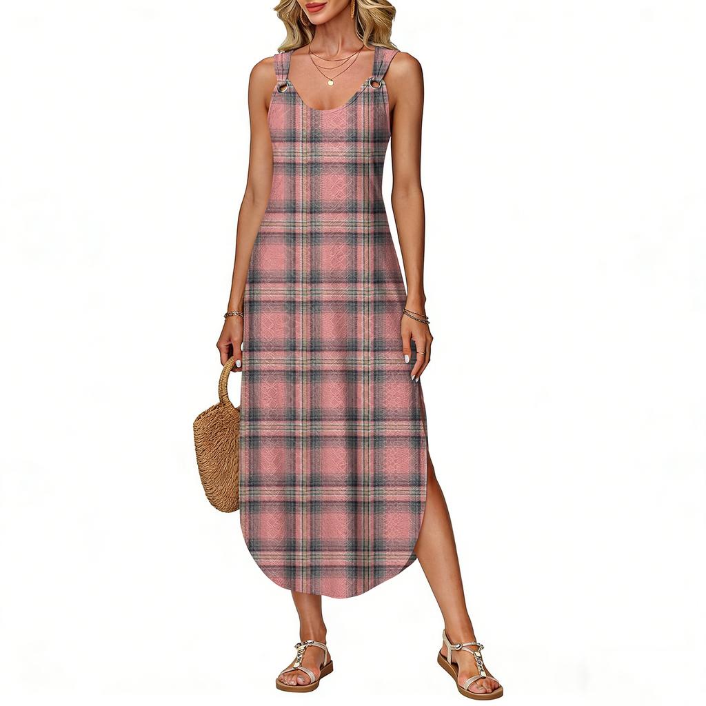 Women's Summer Long Dress, Sleeveless with Side Slits, Long Plaid Printed Vest Dress