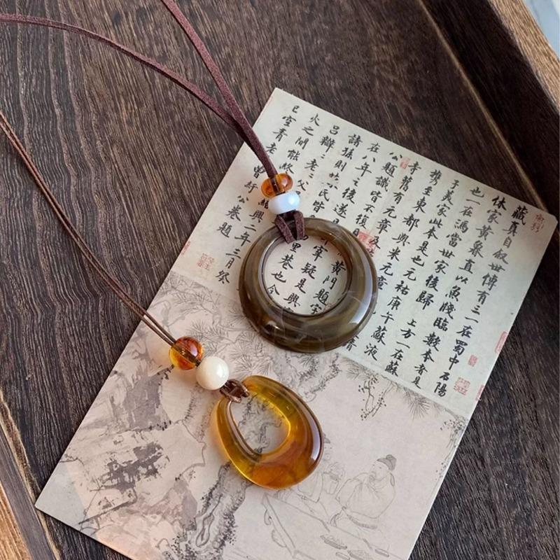 Vintage Ethnic Style Brown Hollow Geometric Circle Long Pendant Necklace For Women