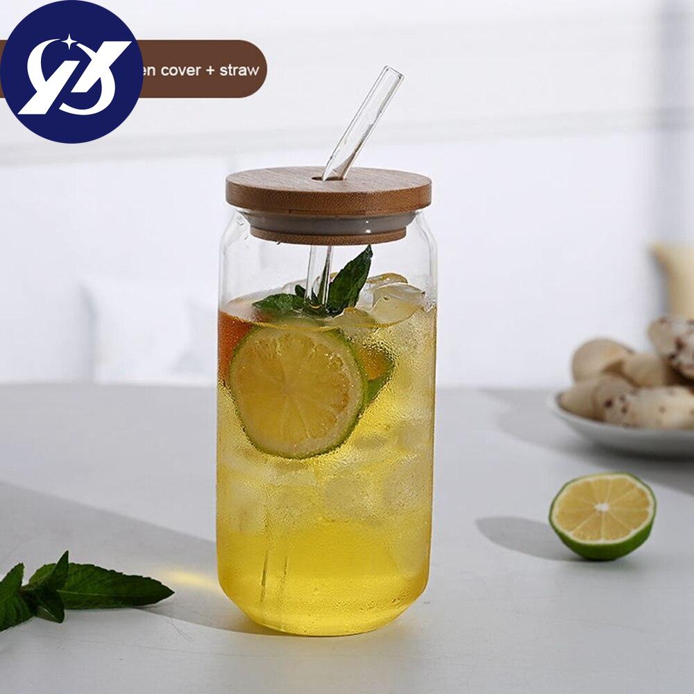 Durable Tea Juice Milk Glass Cup Can Shape Coffee Mug Wine Glass Drink Cup With Straw High Borosilicate Glass Drinkware