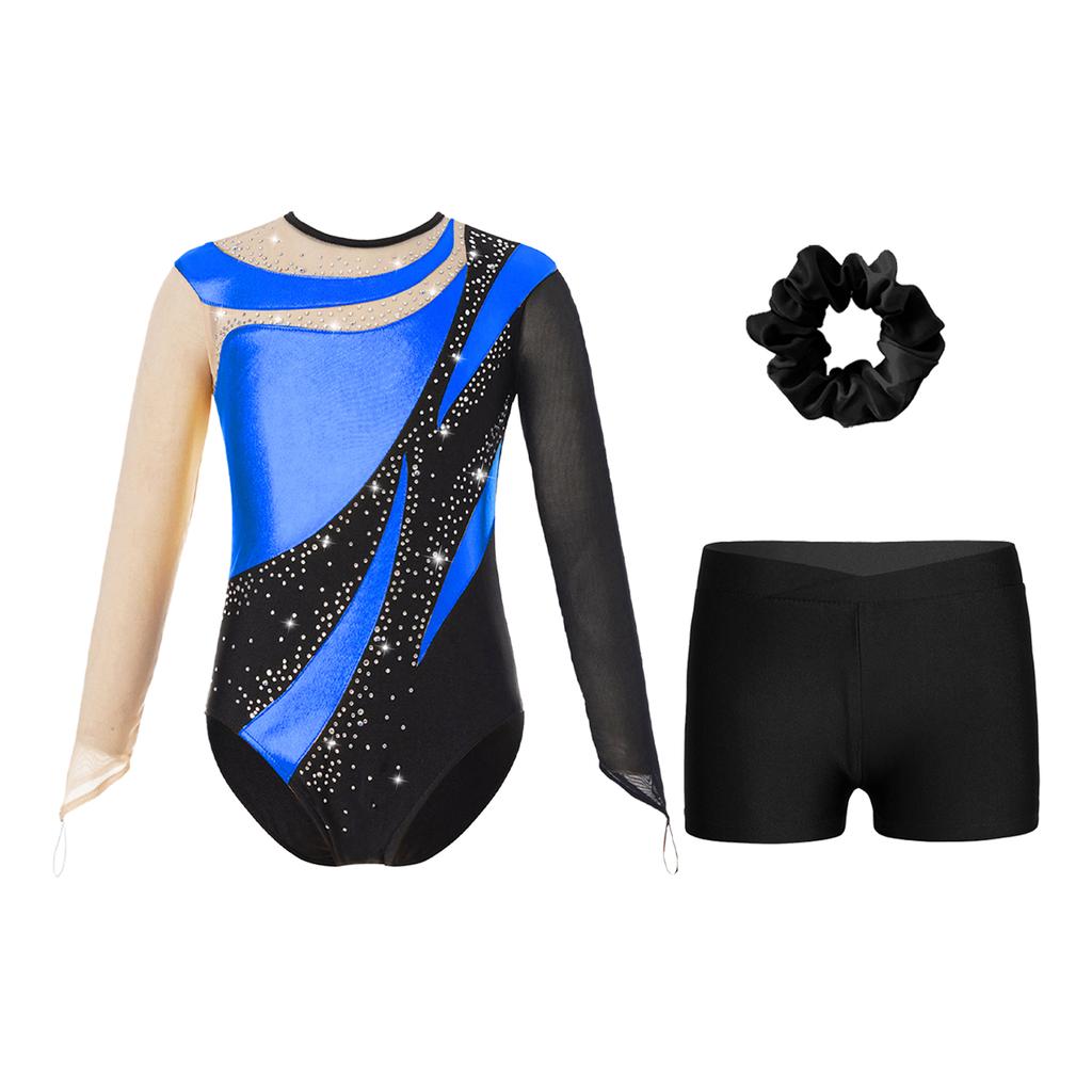 Girls Dance Long Sleeve Round Neck Leotard Patchwork Cutout Back with Shorts Hair Tie Headwear Set