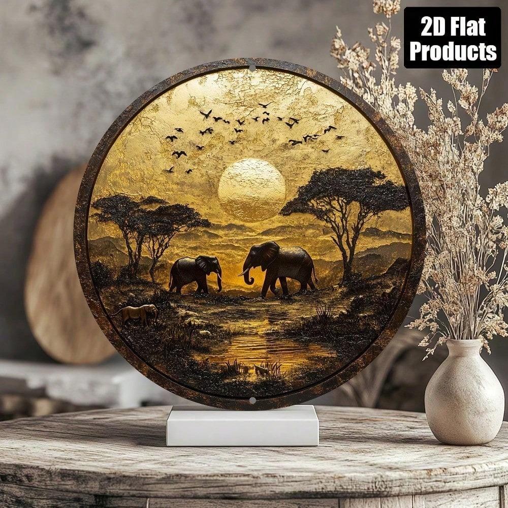 Metal Poster Wall Art African Elephant Sunset Vintage for Living Room