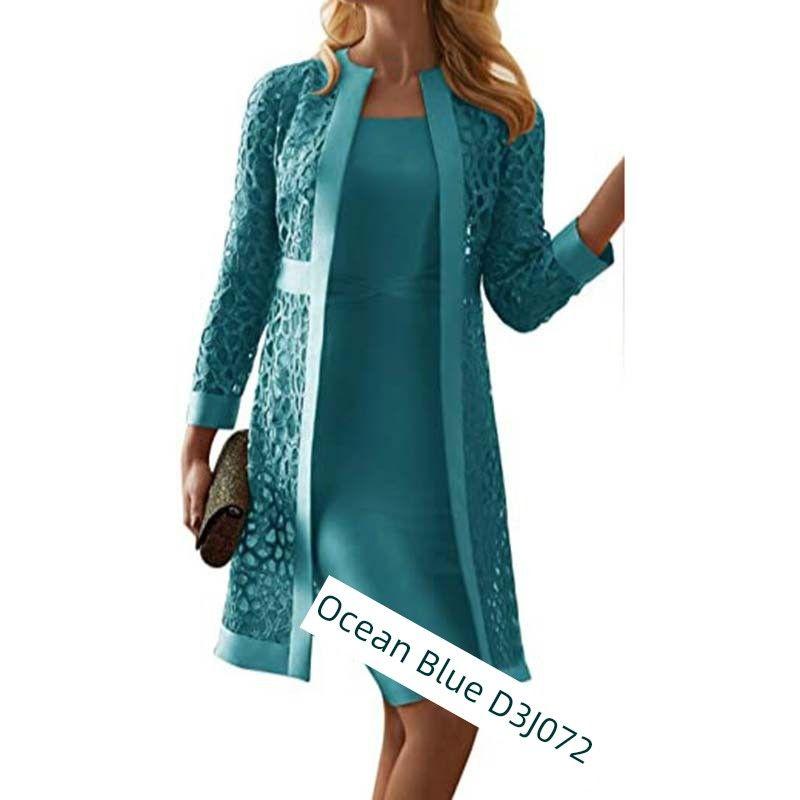 Fashion Female Pure Color Lace Cardigan Dress Two-piece Set Two Piece Lace Cardigan Dress