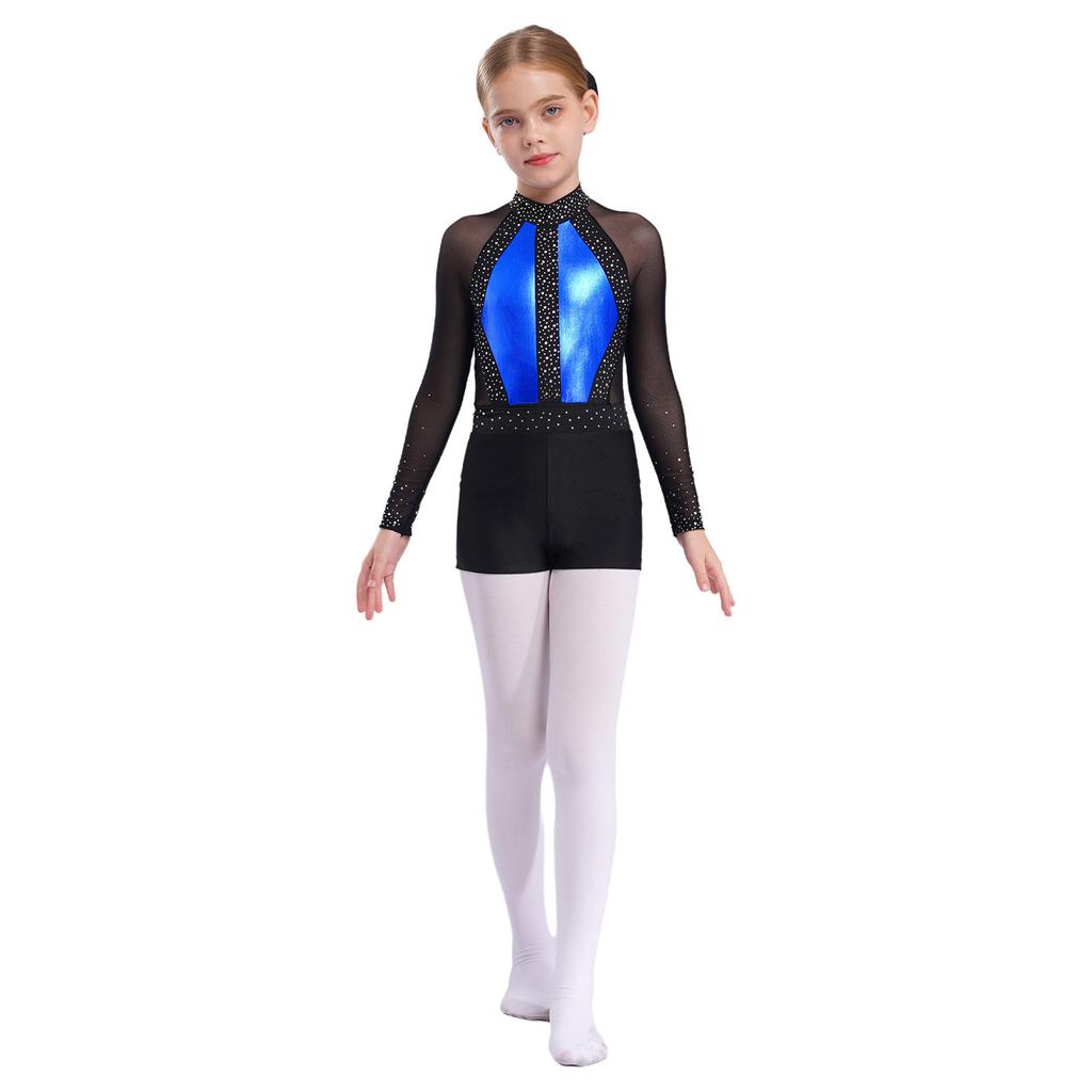 Mädchen Mesh Langarm Turnanzug Strass Shorts Kopfschmuck Gymnastik Tanz Performance Set
