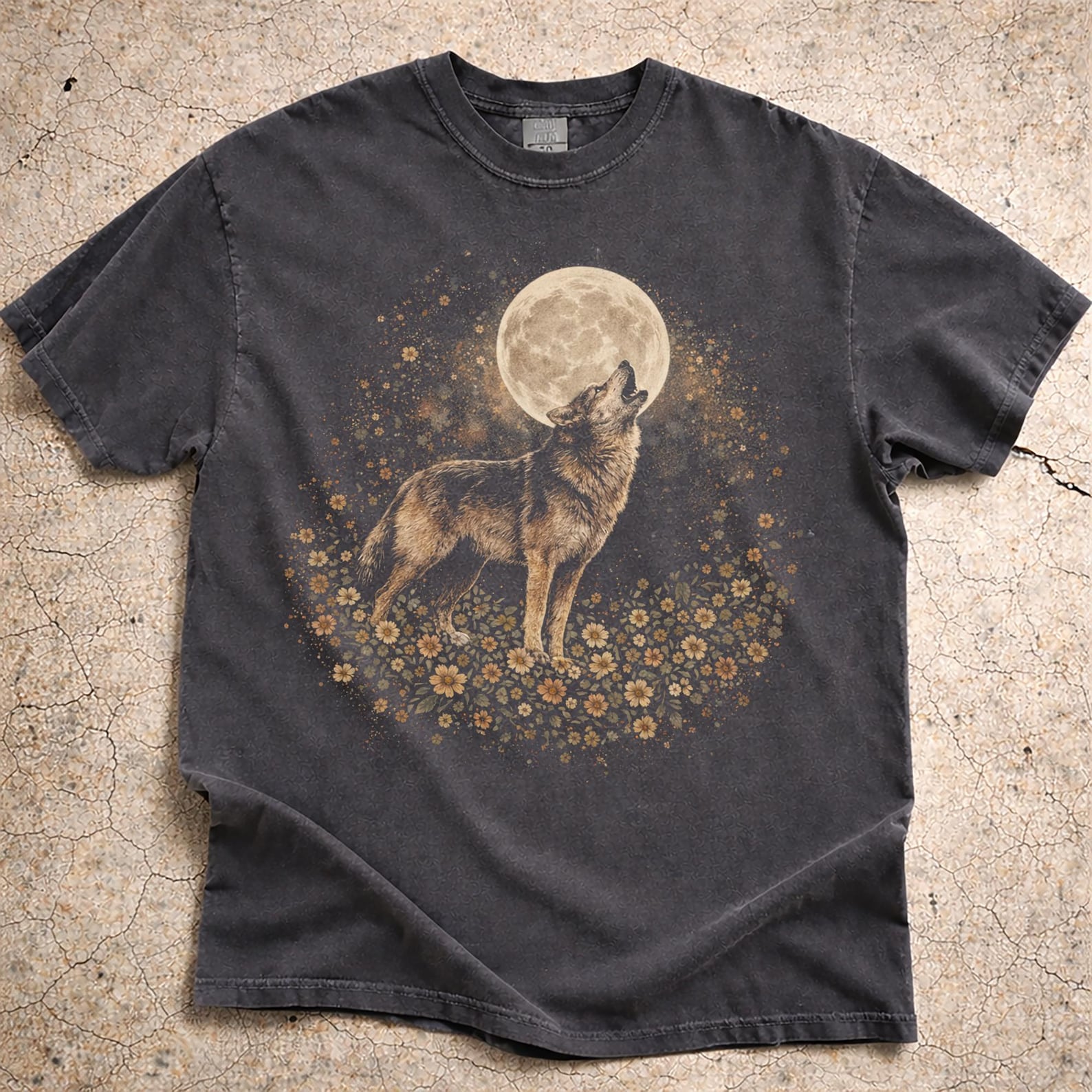 Wolves Howling to the Moon Vintage Graphic Tee, Boho Wildflower Wolf Shirt, Retro Animal T-Shirt L