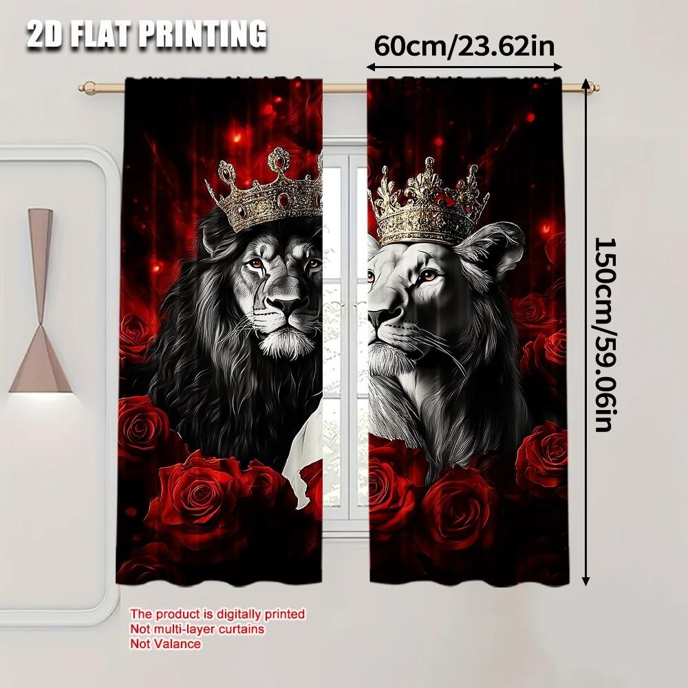 2 PCS Royal Lion and Red Rose Print Curtains, Stylish 2D Flat Digital Design, Light Filtering Fabric, Perfect Valentine's Day Li