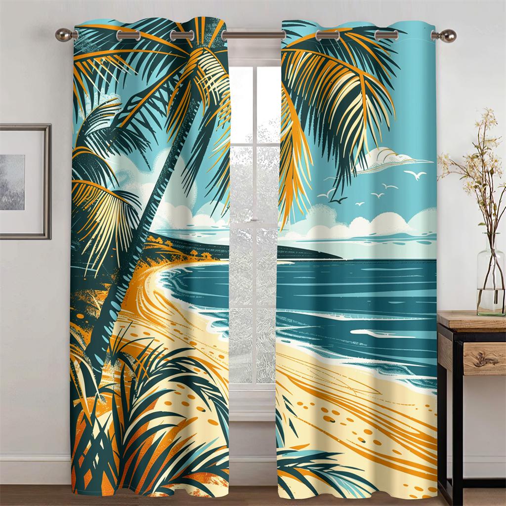 3D Palm Tree Sea Coast Retro Sea View Curtains Beach Sunset Living Room Bedroom Kitchen Balcony Decor New Products Promo 2 pcs