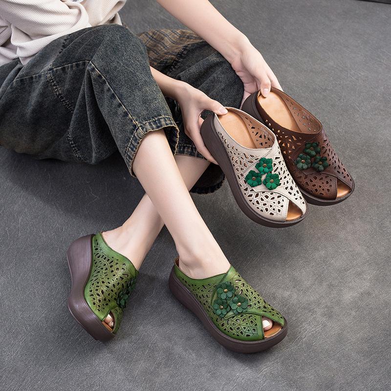 Johnature Дышащие тапочки с открытым носком в стиле ретро, повседневные универсальные женские туфли на танкетке из натуральной кожи