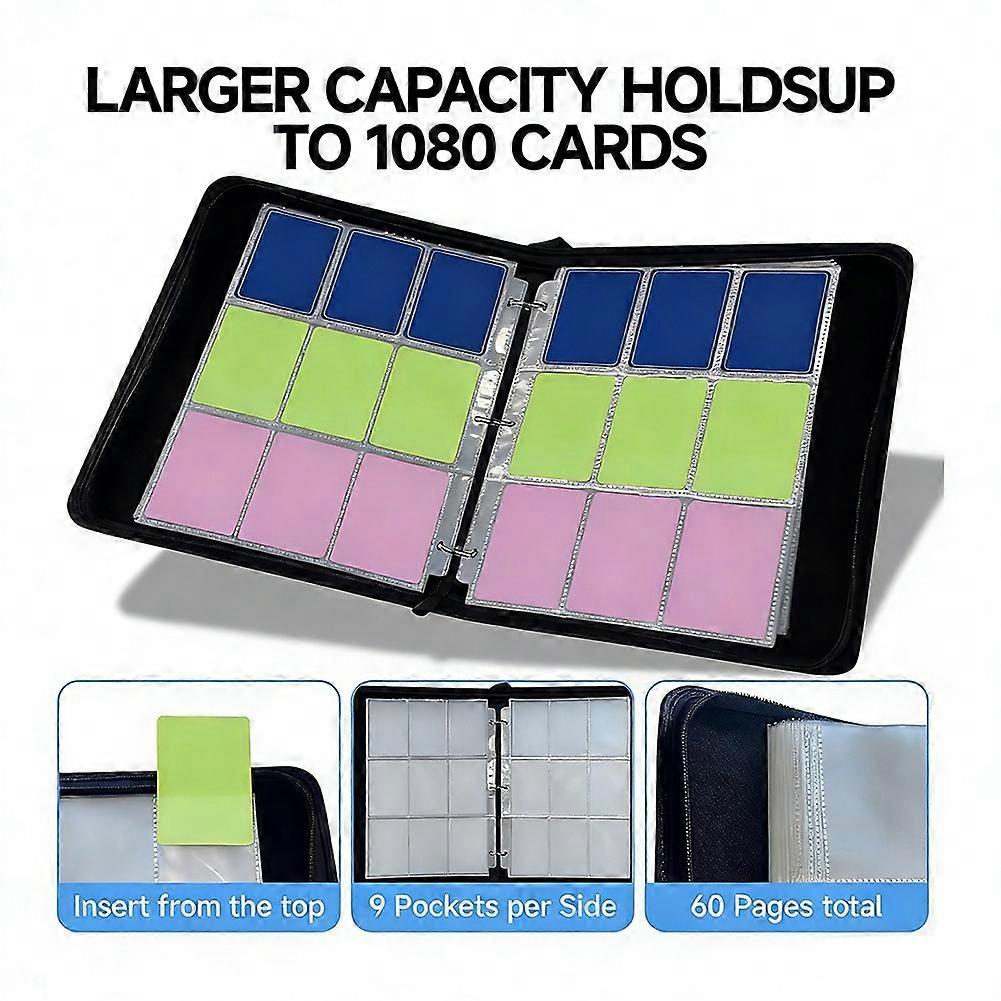 9 Pocket Trading Card Binder, Holds 1080 Cards , Zipper PU Card Folder Holder for MTG, TCG, Baseball, Sports Cards