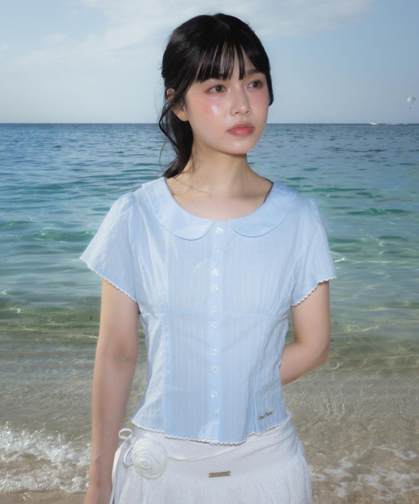 ROSEFRANTZ Round Collar Short Sleeve Blouse [Sky Blue]