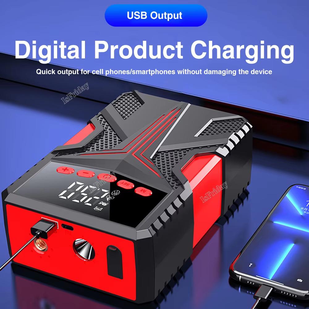 High Power 4 In 1 Car Emergency Starter Air Pump Mobile Power Lighting Portable Air Compressor Car Battery Jump Starter Start Car Tire Inflator