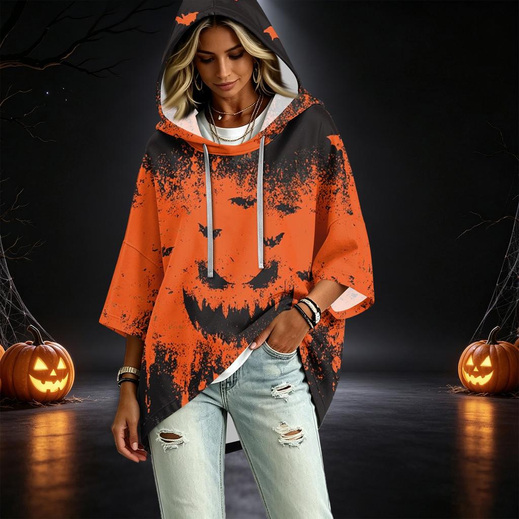 Women's Fashionable Three-Quarter-Sleeve Halloween-Printed Hooded Pullover