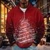 Men's Retro Corduroy Christmas Print Long Sleeve 1/4 with Stand Collar and Pocket