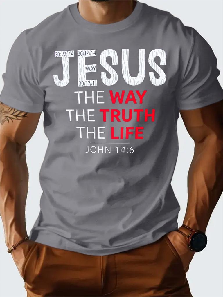 T Shirt for Man 100 Cotton Summer Jesus The Way The Truth The Life Print Casual Slim Fit Round Neck Short Sleeved Tshirt Top