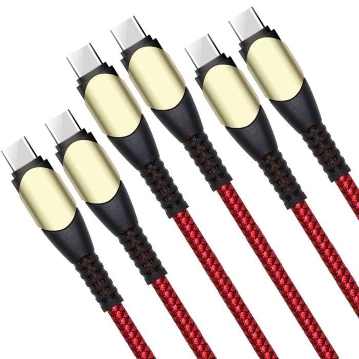3x Câble USB-C vers USB-C 60W pour SAMSUNG S22 5G-S22 ULTRA 5G-S21 FE 5G-S21-S21 PLUS-S20 FE-S20-NOTE 20 - Nylon Tressé Rouge 1M