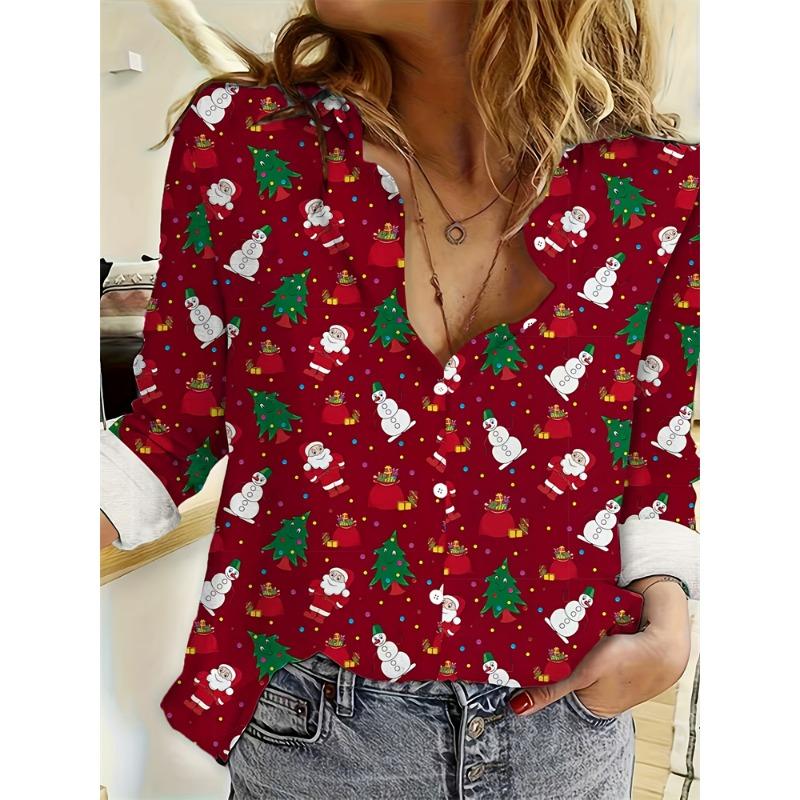 Christmas Women's Wear Casual Relaxed-Fit Button-Down Shirt Christmas Tree And Santa Claus Print Stylish Collared Shirt