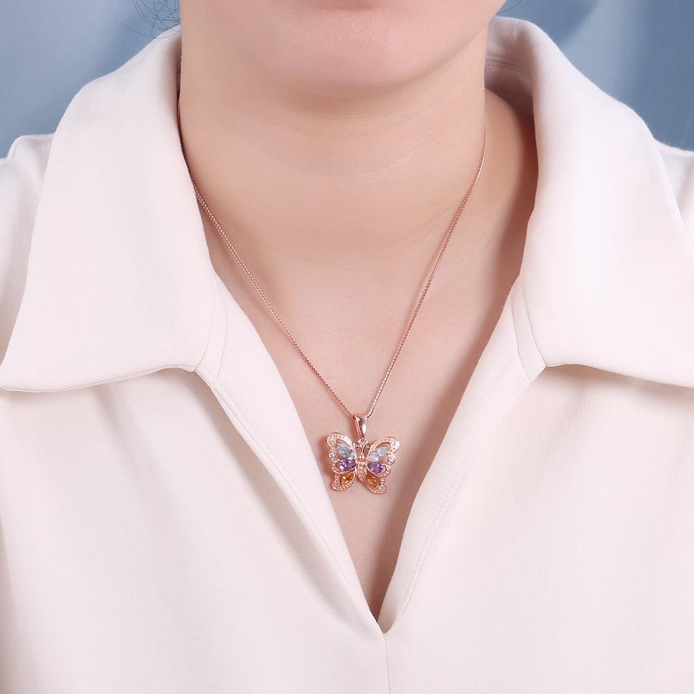 925 Sterling silver butterfly Pendant necklace with natural colorful gemstones topaz citrine amethyst birthstone fine jewelry