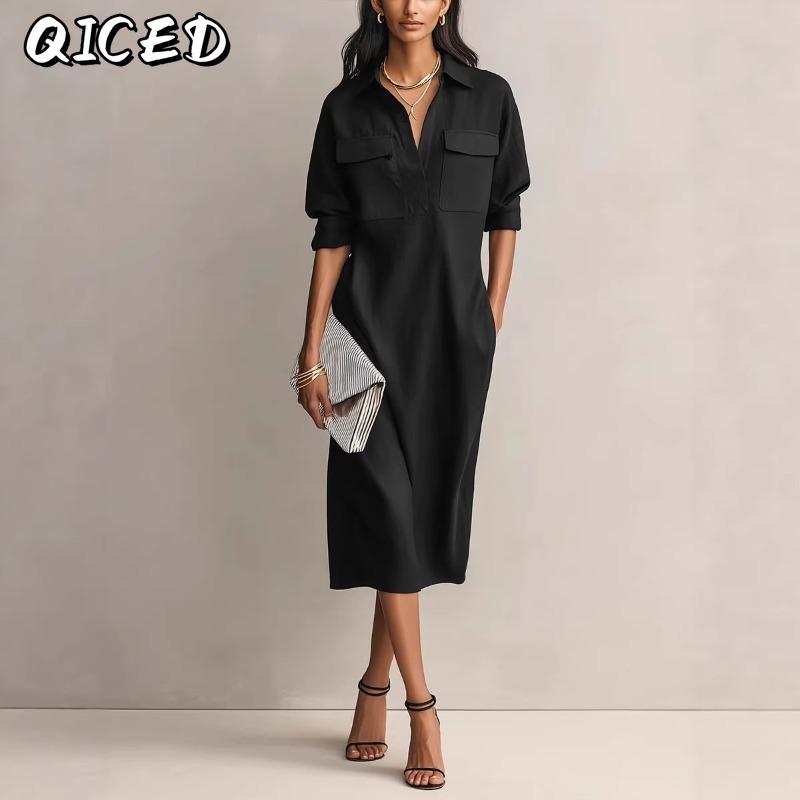 QICED Fashion Summer Spring Solid Color Print V-Neck Casual Dresses