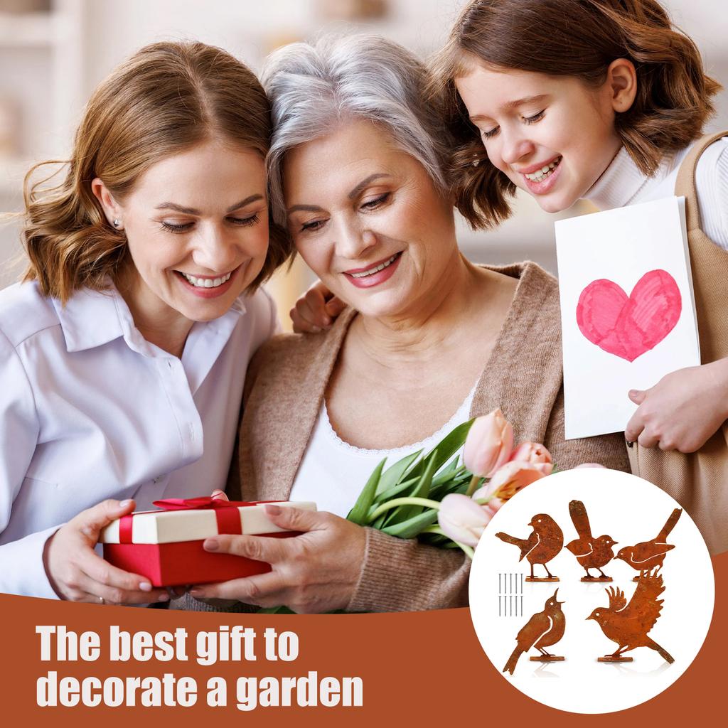 5Pcs Garden Rusty Bird Ornaments Metal Birds Statues Art Set Silhouettes Metal Bird Yard Decorations for Outdoor Fences Branches