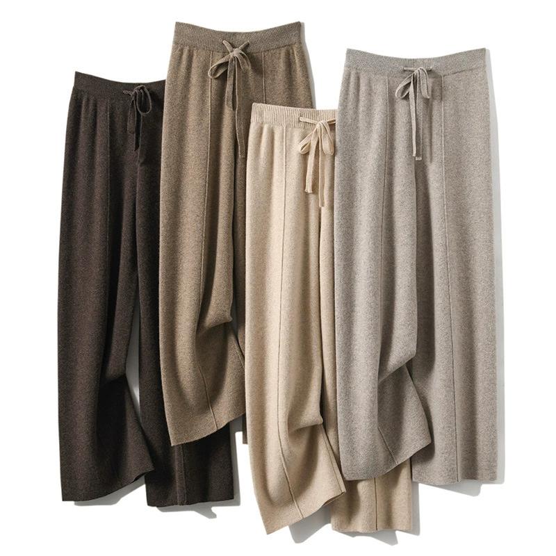 Wool Casual Pants Solid Color Straight Wide Leg Knitting Trousers with Drawstring High Waist Thickened Slacks