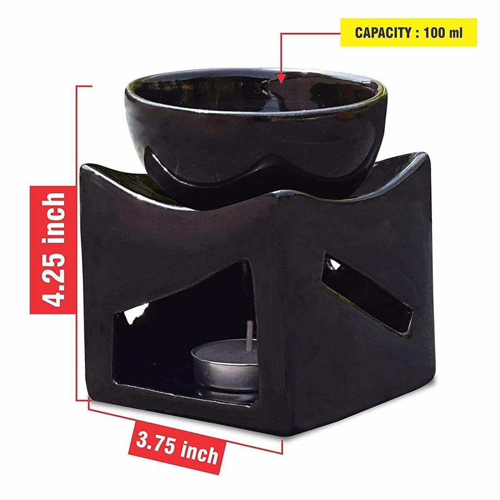 Ceramic Clay Candle Operated Aroma Burner Oil Diffuser, Extra Large Bowl, with 1 Tealight, 4.25 Inch, (Black)