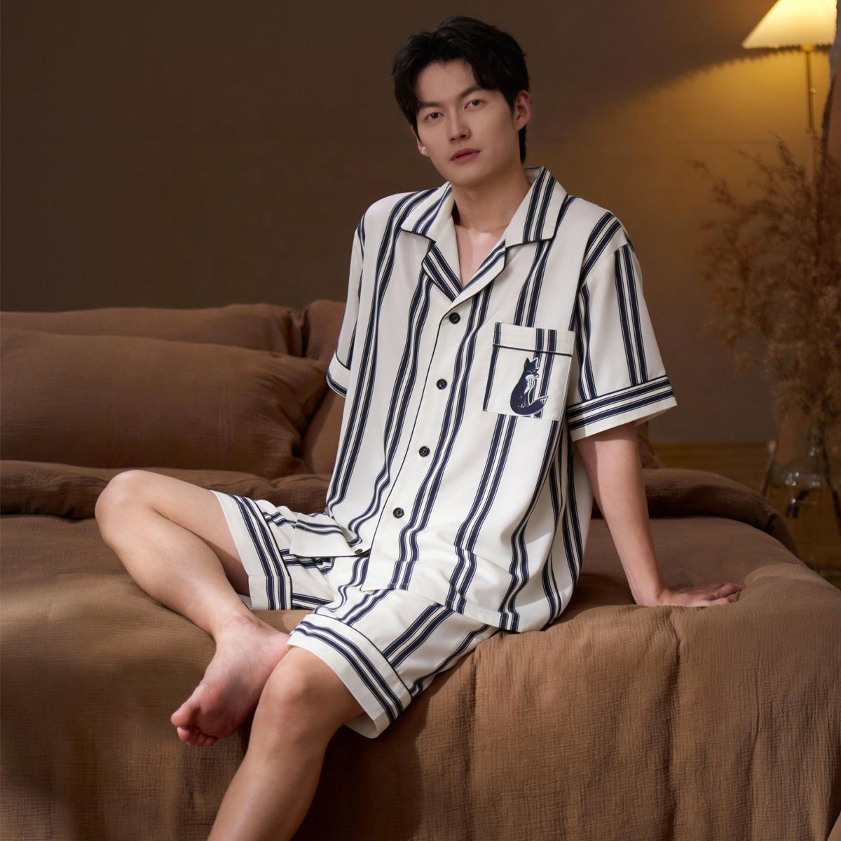 

Men s Ice Silk Striped Pajama Set: Short Sleeve & Shorts for Spring/Summer 3XL