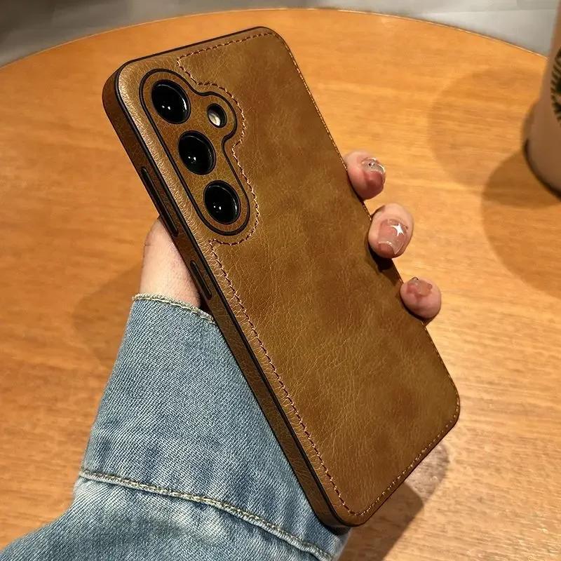 High-end Cowhide Leather Phone Case for Samsung Galaxy S26 Ultra S25 S24 S23 S22 A57 Camera Lens Protection Luxury Soft Cover